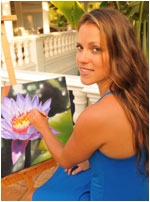 Anna Keay painting tropical flowers in oil Maui Hawaii artist painter married to John Lindquist art glass Kai Pua gallery