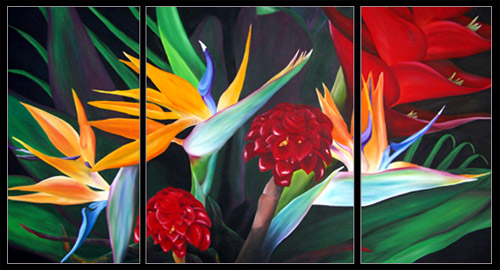 Anna Keay Fine Art oil paintings of tropical flowers from Maui Hawaii birds of paradise, heliconia, ginger